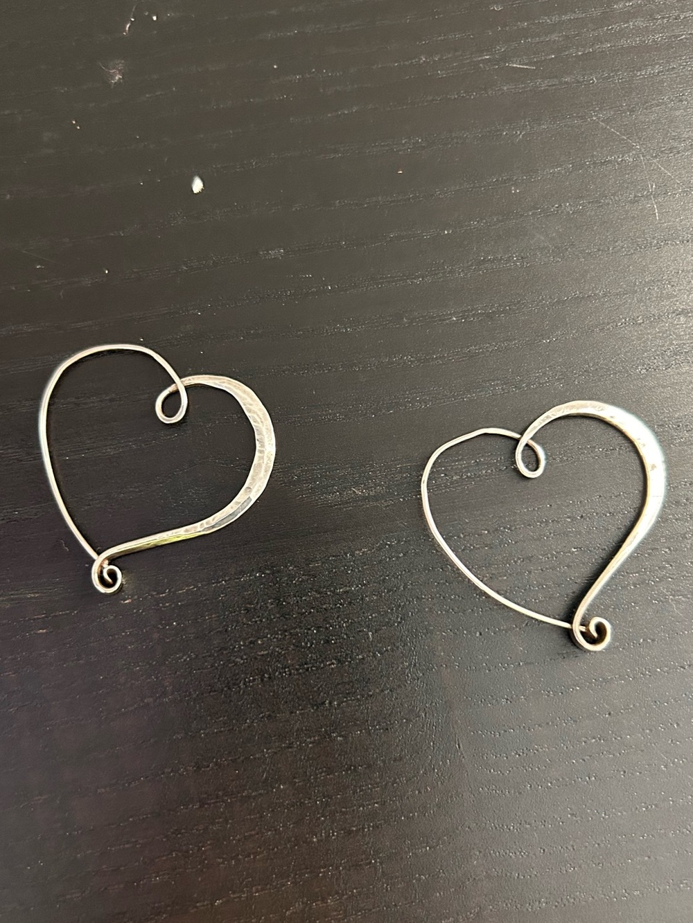 Handcrafted & Hammered Sterling Silver Heart Swirl Shaped Wire Hoop Earrings - Picture 4 of 15